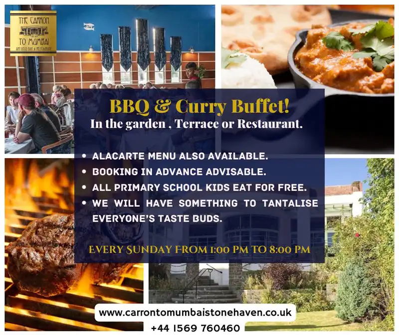 Poster advertising BBQ and Curry afternoon at Carron to Mumbai restaurant