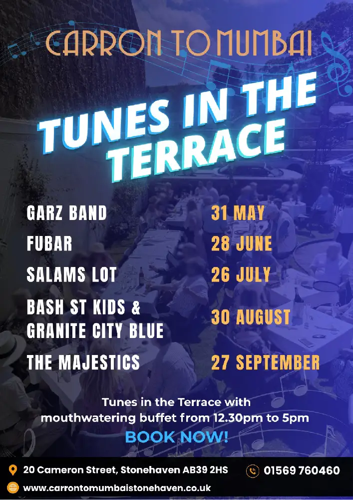 Poster advertising Tunes on the Terrace at Carron to Mumbai restaurant